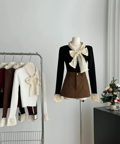 Lace Trim Tie Neck Sweater