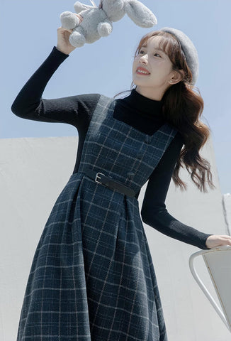 Belted Plaid Pinafore Dress