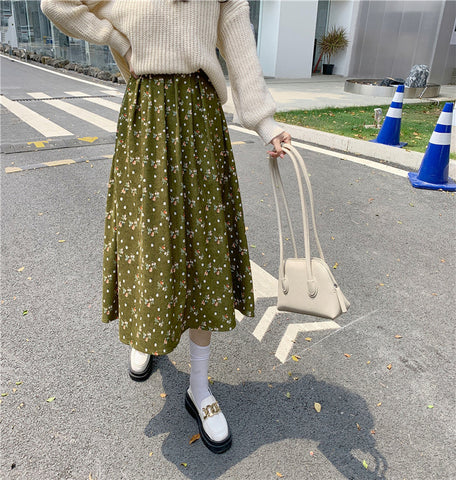 Raining Flowers Corduroy Midi Skirt
