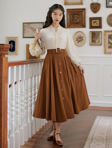 Classic Belted Button Midi Skirt