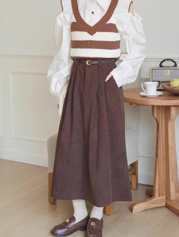 Belted Corduroy Midi Skirt