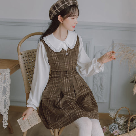 Coffee Plaid Pinafore Dress / Blouse