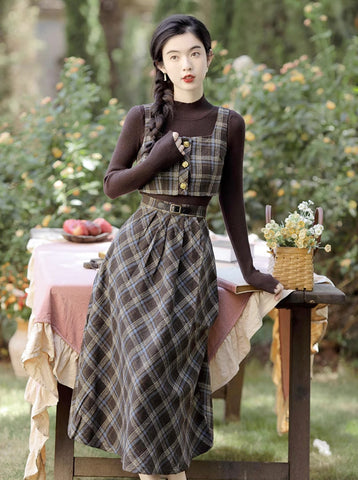 Mint Mocha Kariertes zweiteiliges Midi-Set