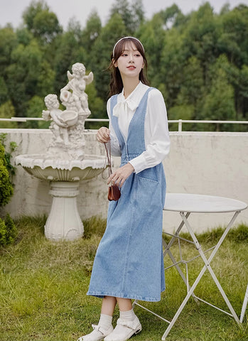 Button Denim Midi Pinafore Dress