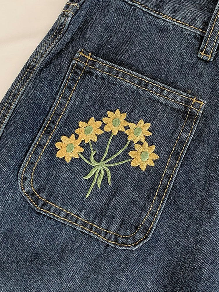 Embroidered Sunflower Pocket Jeans