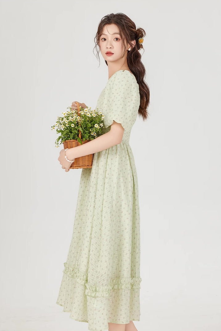 Minty Floral Puff Sleeve Midi Dress