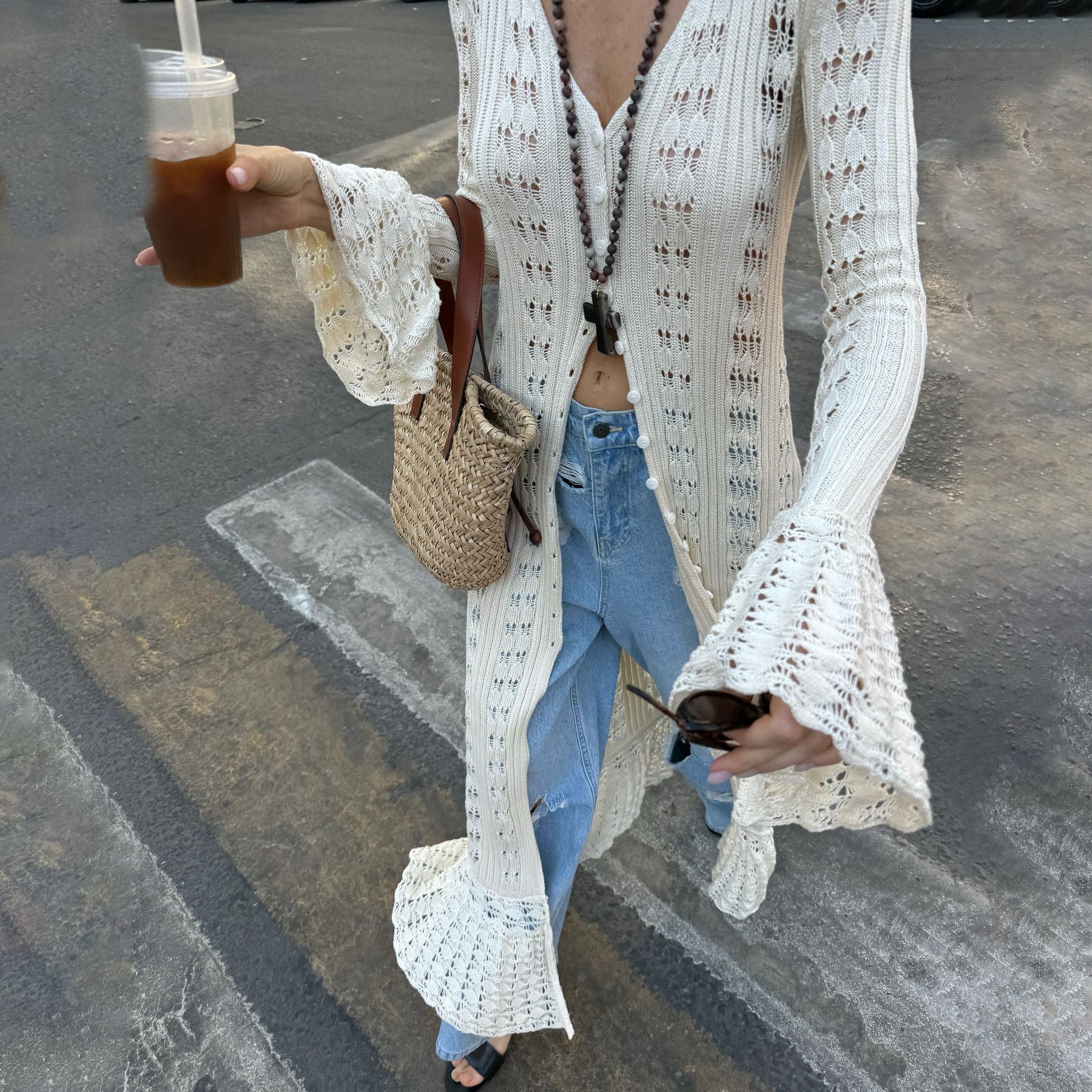 Knitted Cardigan With Openwork Crochet