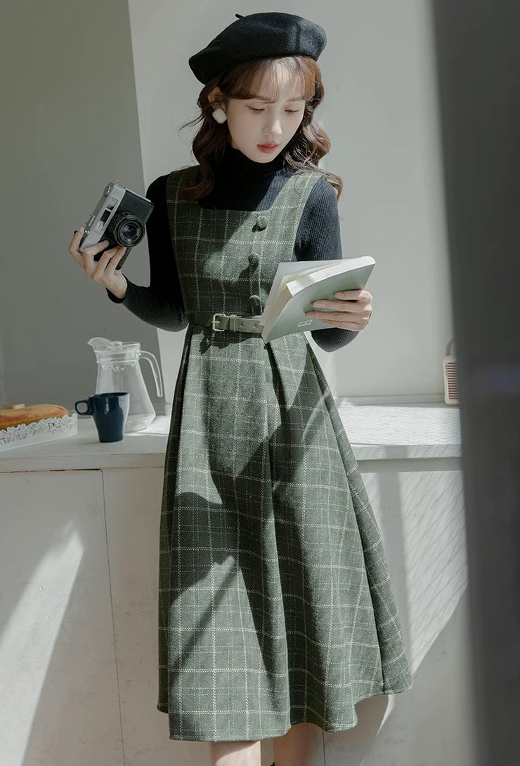 Belted Plaid Pinafore Dress