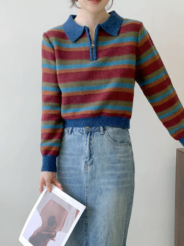 Autumn Vintage Stripe Polo Sweater