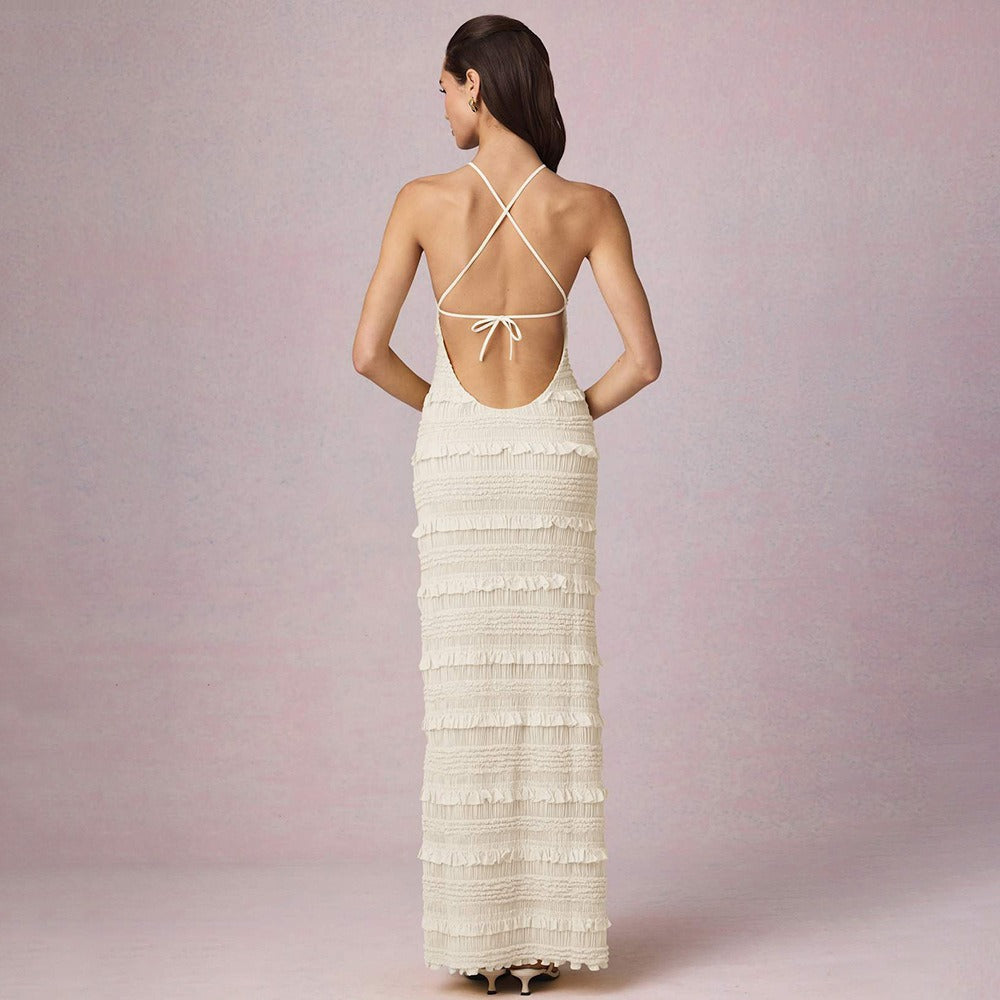 Ruffle Lace Backless Halter Neck Dress