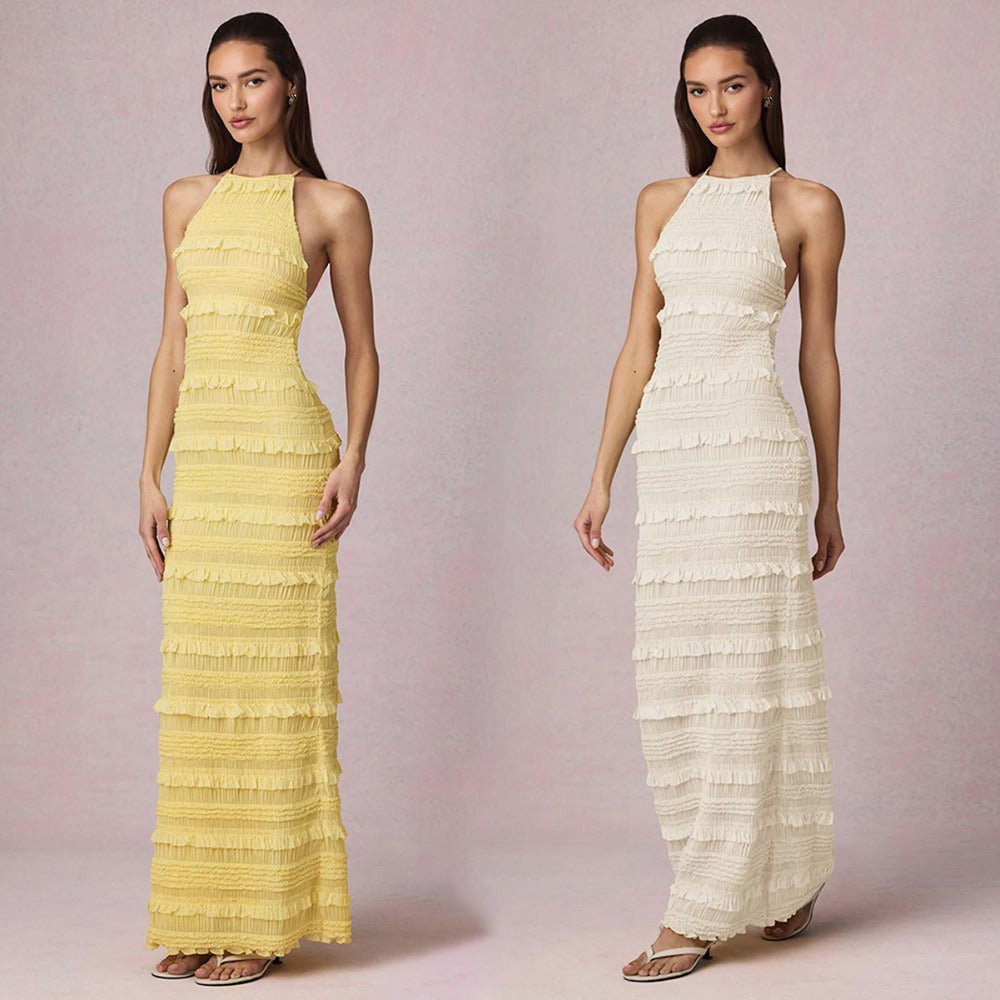Ruffle Lace Backless Halter Neck Dress