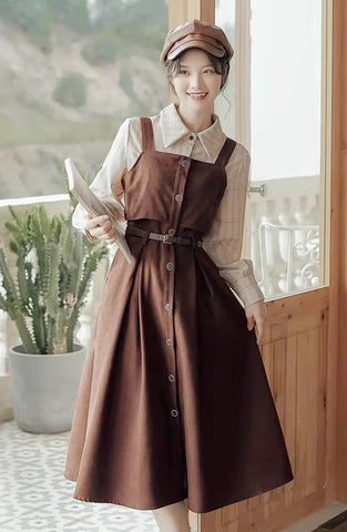 Suede Button Up Cami Pinafore Dress Set