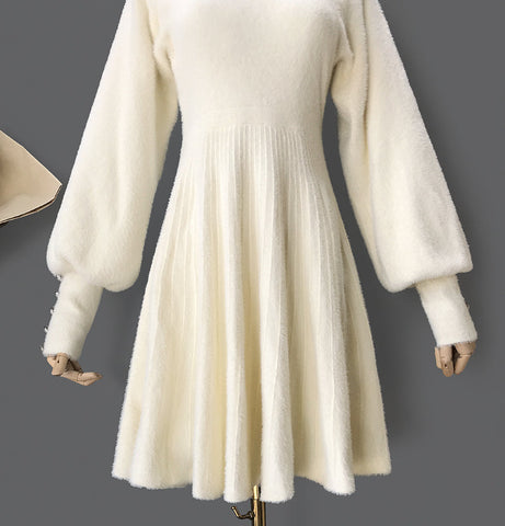 Fuzzy Puff Sleeve Sweater Dress