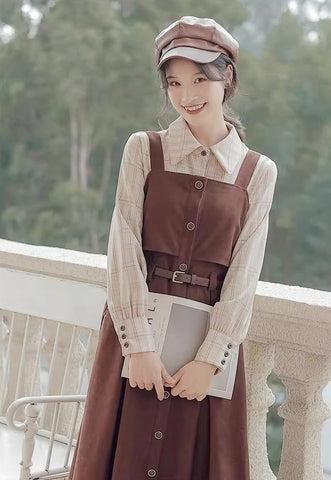 Suede Button Up Cami Pinafore Dress Set