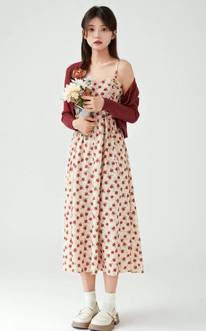 Lace Up Floral Cami Midi Dress