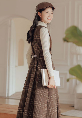 Coffee Plaid Midi Pinafore Dress