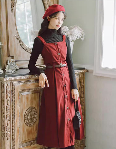 Suede Button Up Cami Pinafore Dress