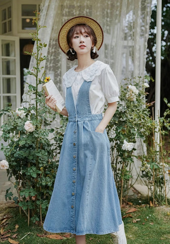 Button Denim Midi Pinafore Dress