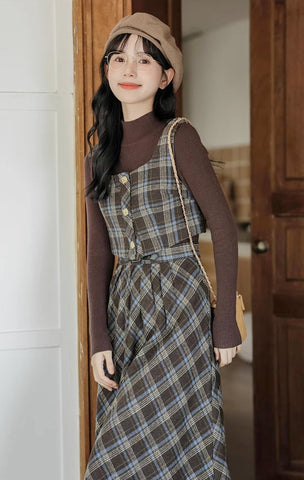 Mint Mocha Kariertes zweiteiliges Midi-Set