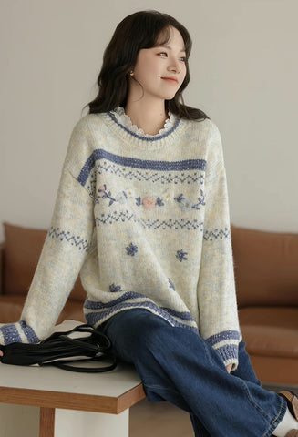 Embroidered Floral Fair Isle Sweater