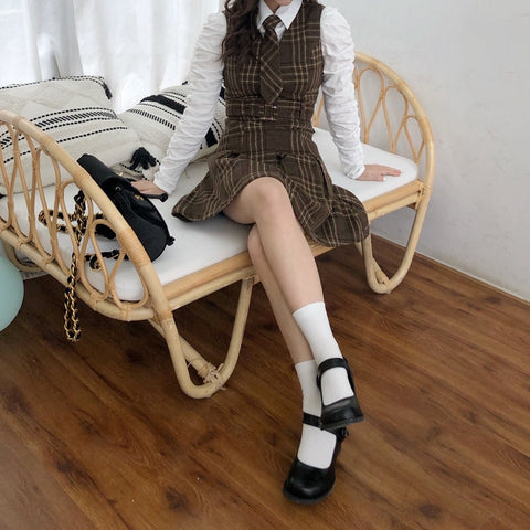 Coffee Plaid Pinafore Dress / Blouse