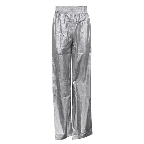 Fashionable Windproof Pants  Silver Elastic Waist Loose Straight Leg Slimming Y2K Wide Leg Pants