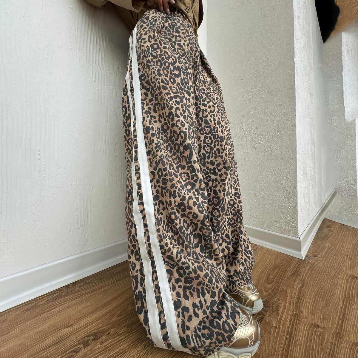 Leopard Print Striped Loose Wide-leg Trousers