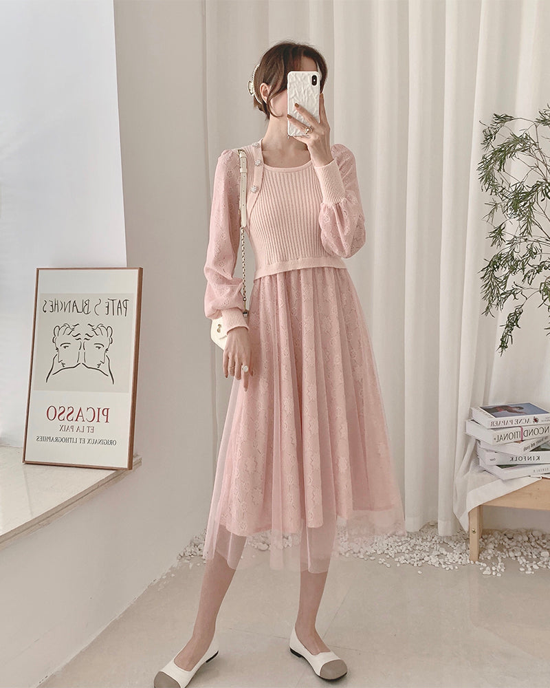 Vestido de suéter de punto con encaje
