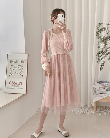 Vestido de suéter de punto con encaje