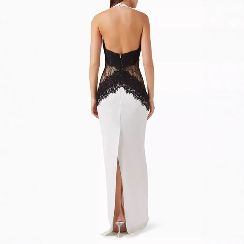 Lace-Paneled Hollow Halter Neck Slit Midi Dress