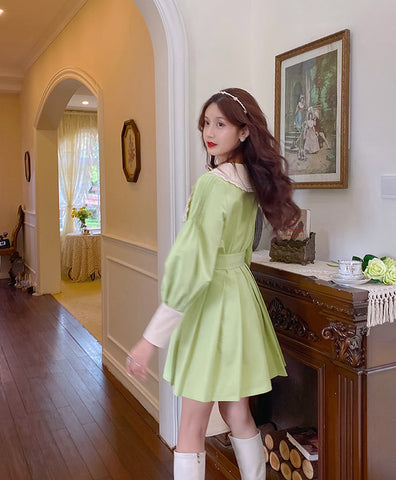 Matcha Peter Pan Pleated Dress