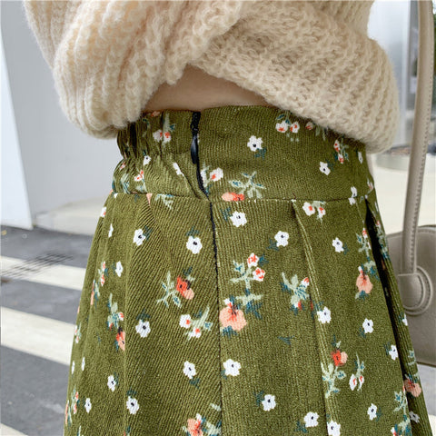 Raining Flowers Corduroy Midi Skirt