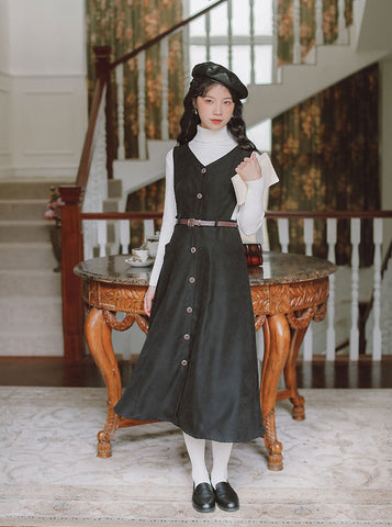 Button Up Suede Pinafore Dress
