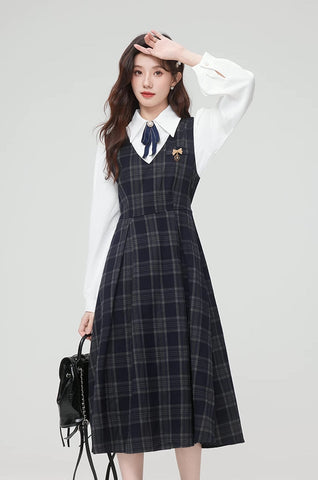 Oxford Plaid Midi Pinafore & Blouse Set