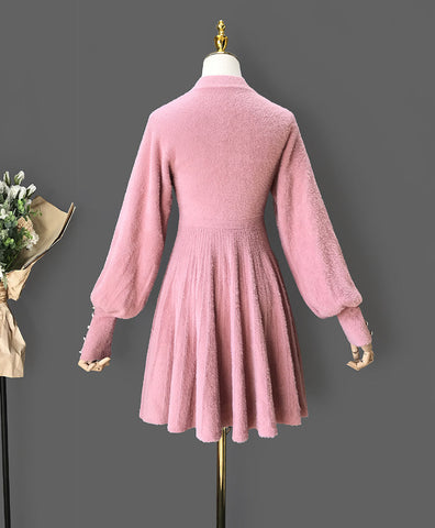 Fuzzy Puff Sleeve Sweater Dress