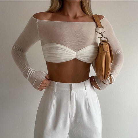 Ruched Off Shoulder Long Sleeve Crop Top