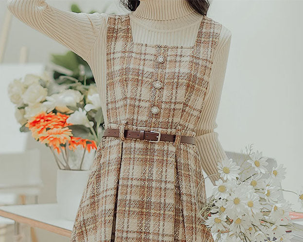 Vestido estilo pichi a cuadros color café con leche