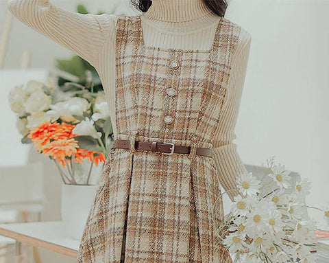 Vestido estilo pichi a cuadros color café con leche