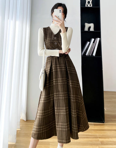 Coffee Plaid Midi Pinafore Dress