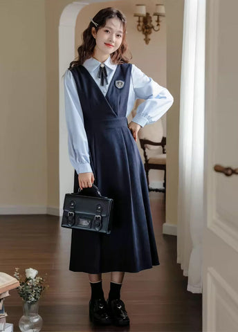 Corduroy Suede Midi Pinafore Dress & Blouse Set