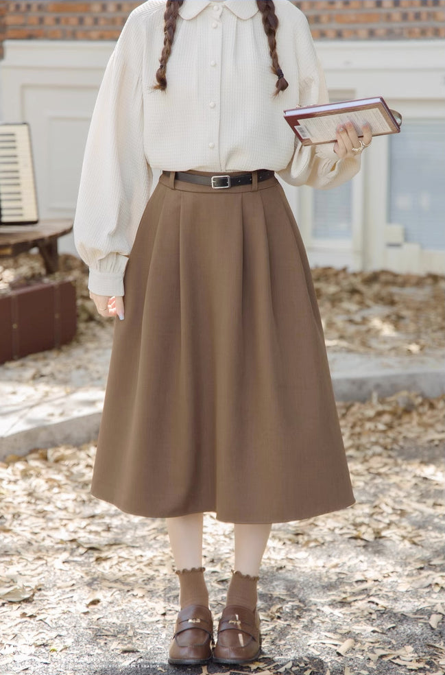 Belted Woven Midi Skirt