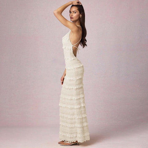 Ruffle Lace Backless Halter Neck Dress