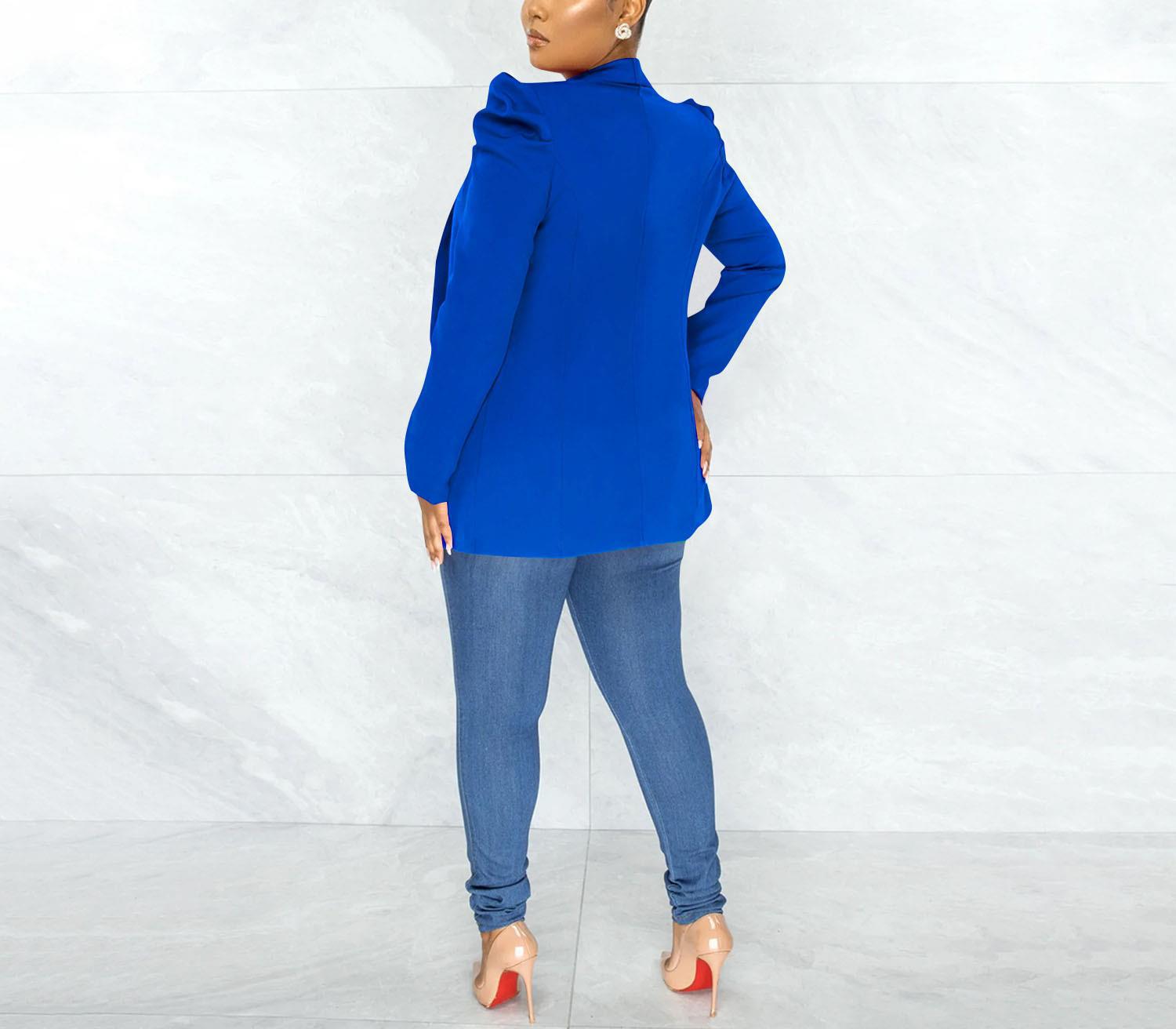 Puff Sleeve Solid Blazer Jacket - Blue