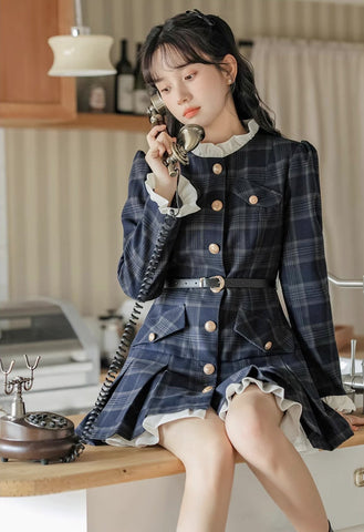 Academia Plaid Button Mini Dress