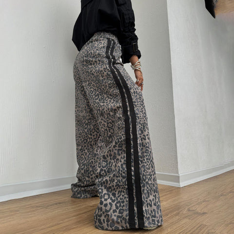 Leopard Print Striped Loose Wide-leg Trousers