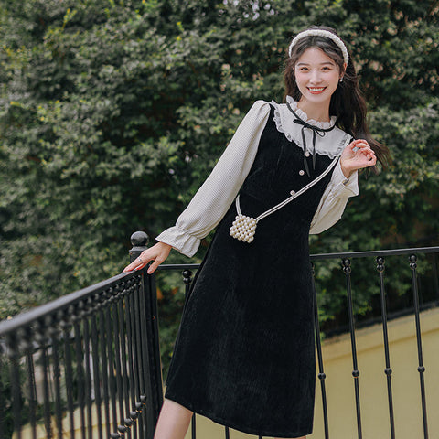 Frilly High Neck Corduroy Sweater Dress