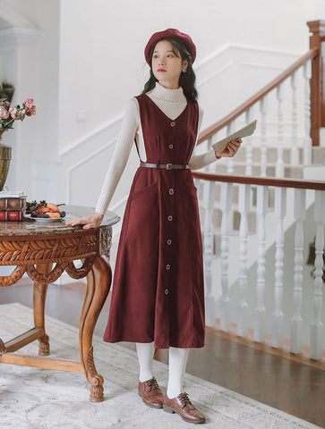 Button Up Suede Pinafore Dress