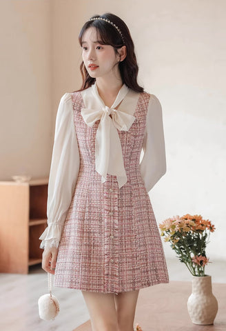 Tie Neck Tweed Mini Shift Dress