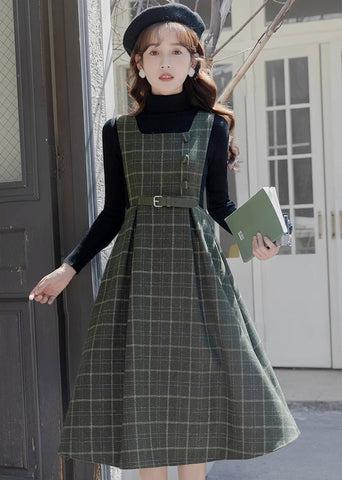 Belted Plaid Pinafore Dress