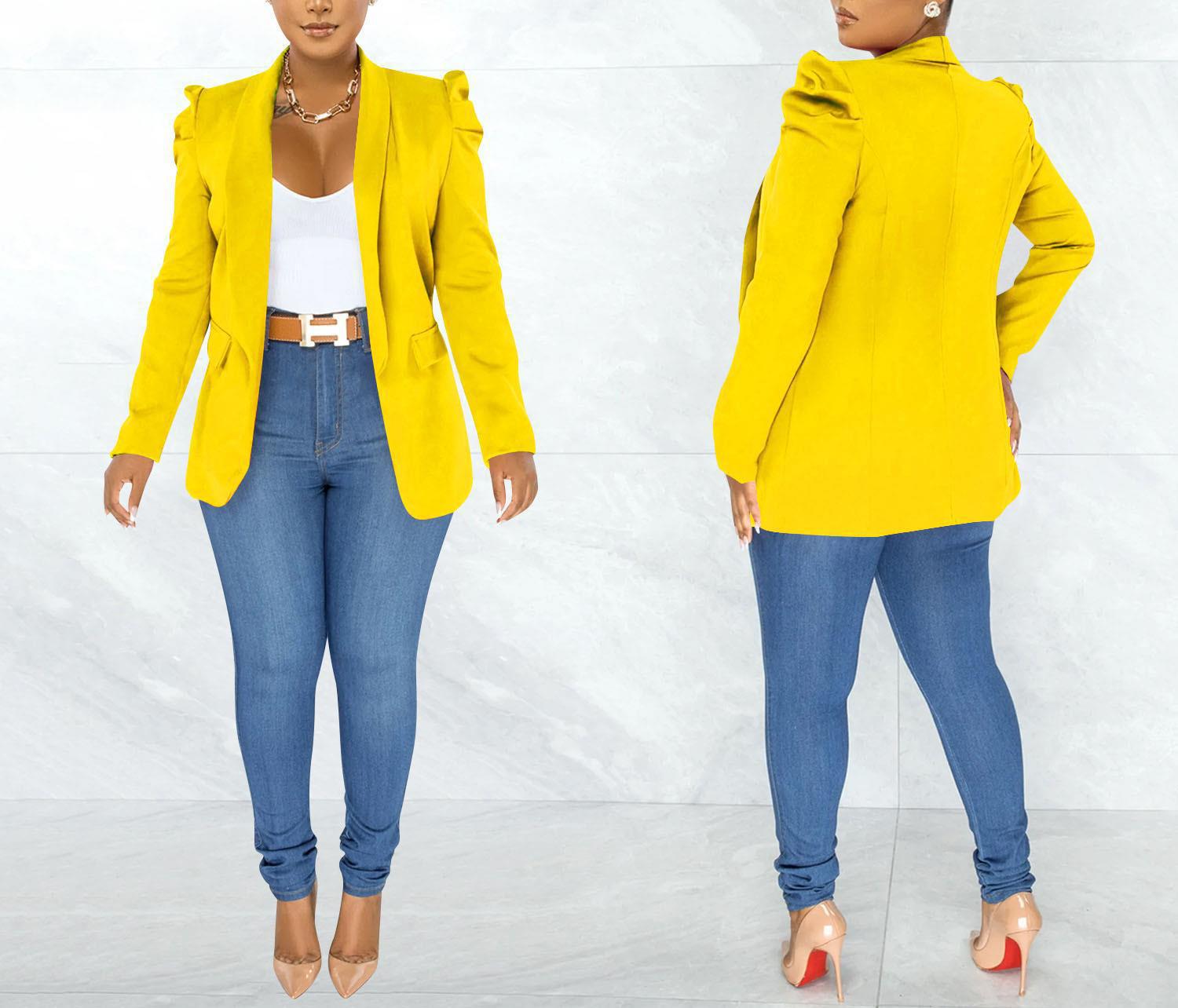 Puff Sleeve Solid Blazer Jacket - Yellow